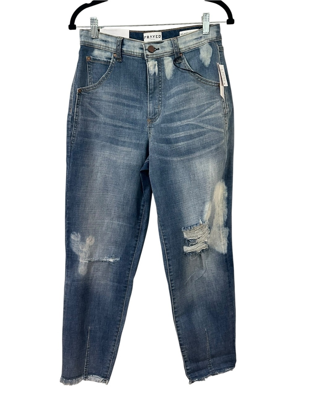 FRAYED Light Wash Denim Jeans with Branded Button. Relaxed Tapered.